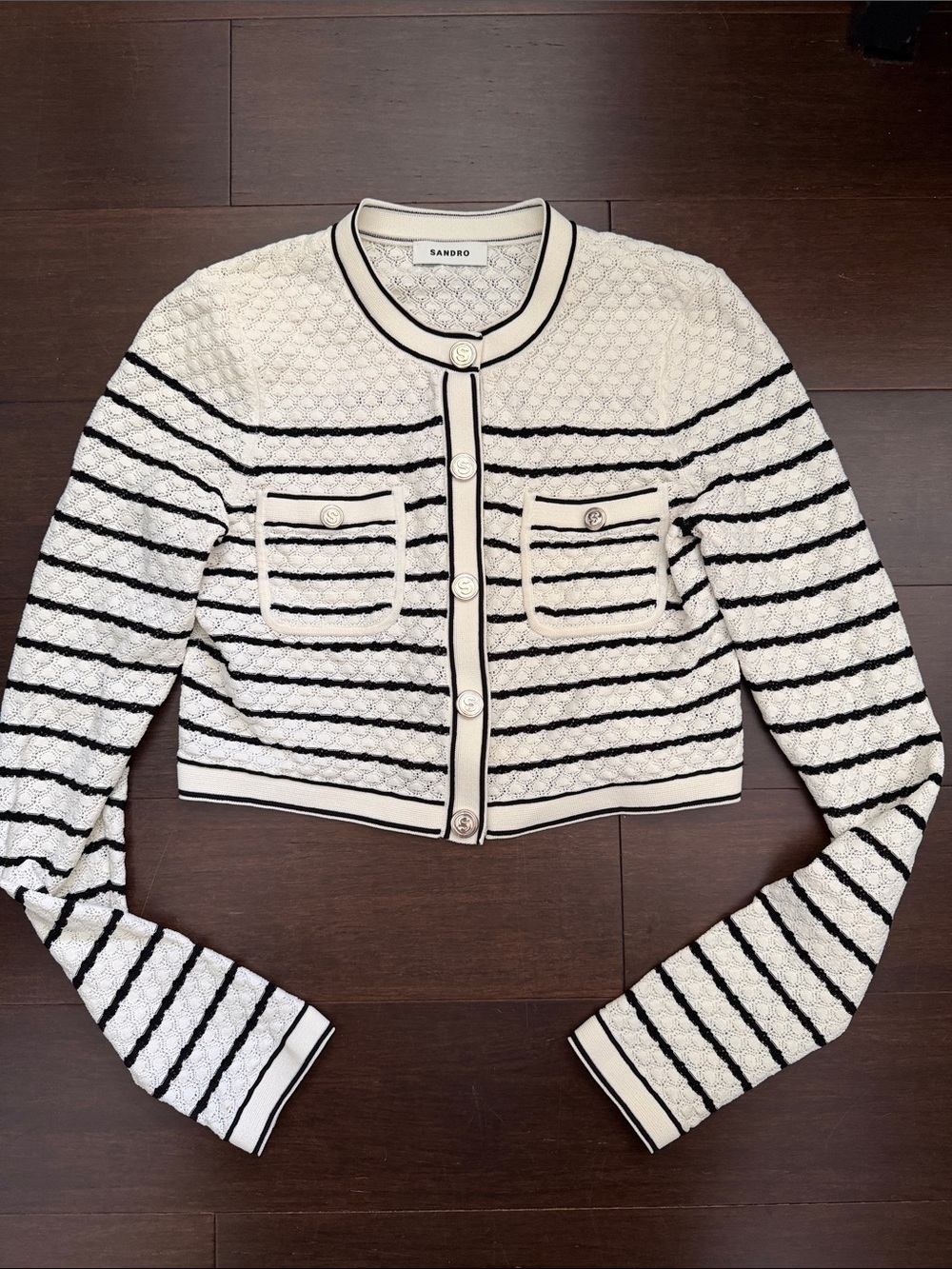 Sandro Cream and Black Striped Tweed-Style Cardigan